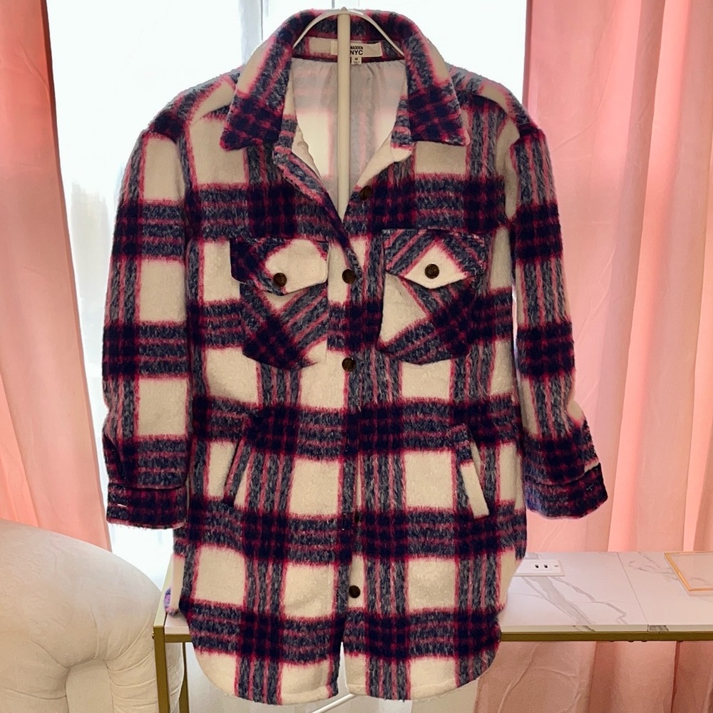 Fuzzy Plaid Women's Oversized Jacket - Magenta, Blue, and White — Size M
